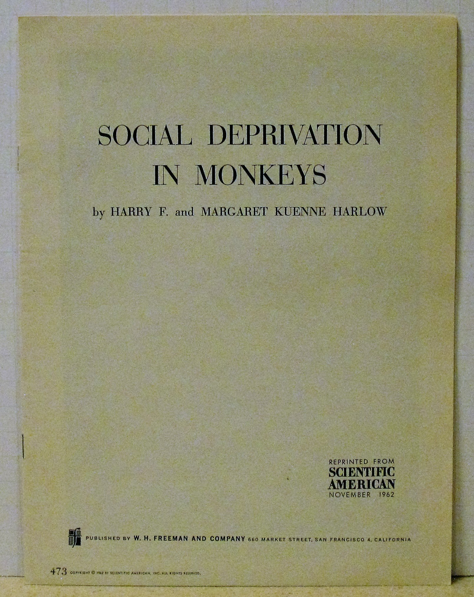Social deprivation in monkeys (Scientific American offprints)