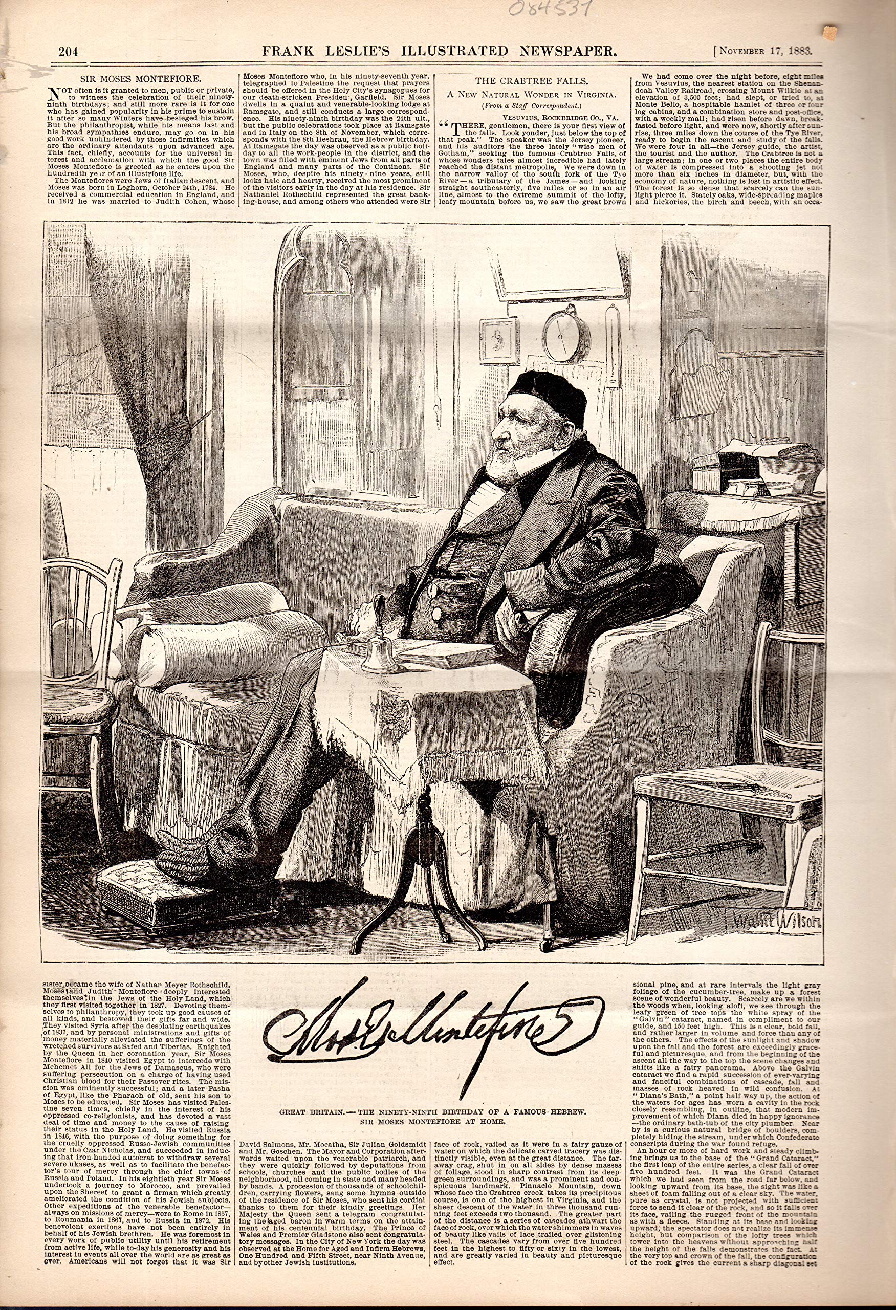 ENGRAVING: "Sir Moses Montefiore"...engraving from Frank Leslie's Illustrated Newspaper: November 17,1883 (Unbound)