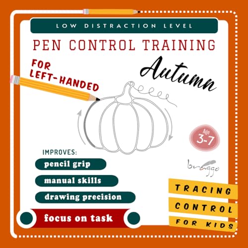 Pen control tracing line exercise for left-handed kids. AUTUMN - Easy and fun hand motor skill practice, illustrations on the left side of notebook, ... on track, ADHD (Left-handed lateralisation)