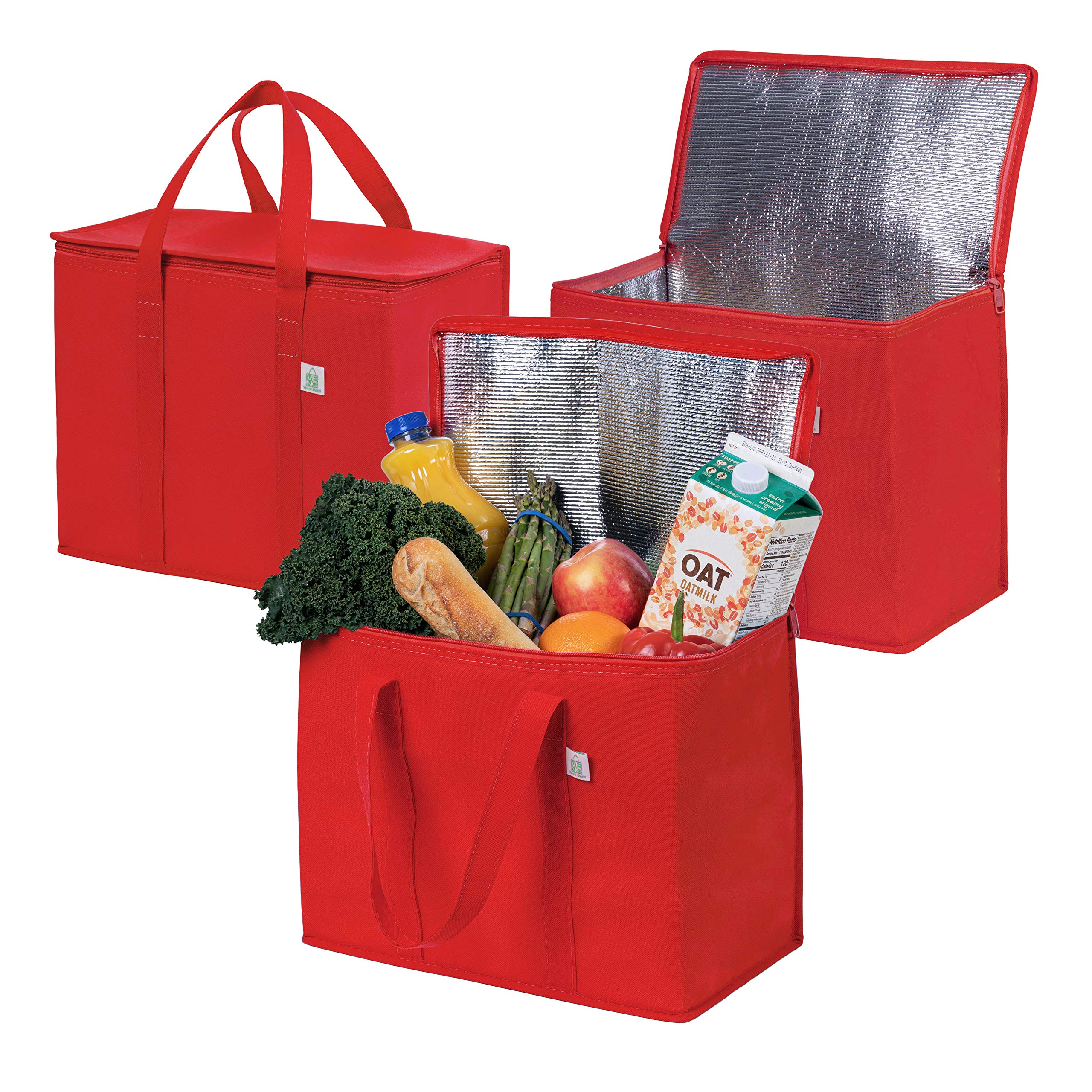 VENO 3 Pack Insulated Reusable Grocery Bag, Food Delivery Bag, Durable, Heavy Duty, Large Size, Stands Upright, Collapsible, Sturdy Zipper, Reusable and Sustainable (Red - 3 Pack)