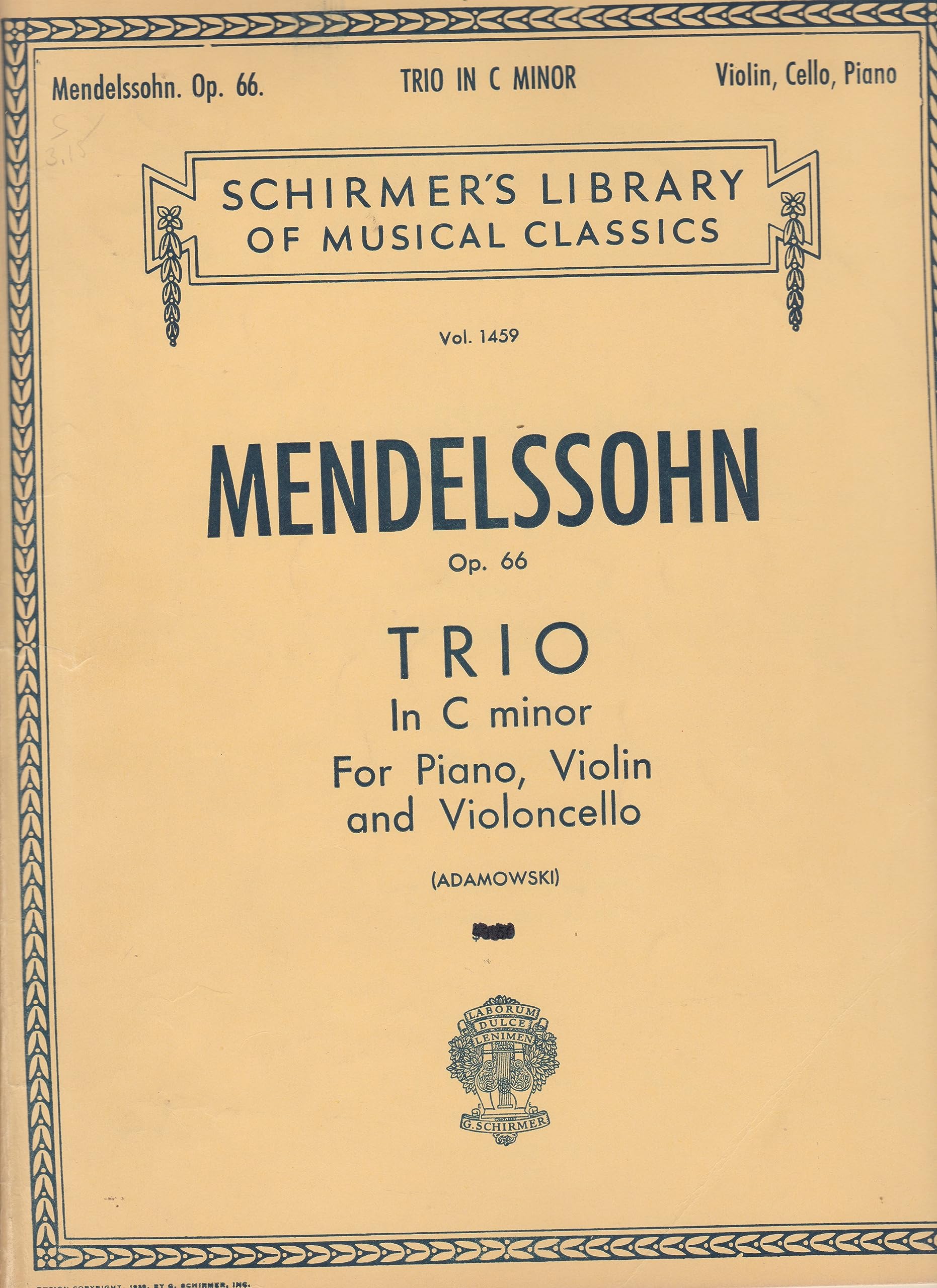 Trios for Piano, Violin and Violoncello. Edited and bowed by Joseph Adamowski. Op. 49, in D minor ... Op. 66, in C minor. [Score and parts.] (Unknown Binding)
