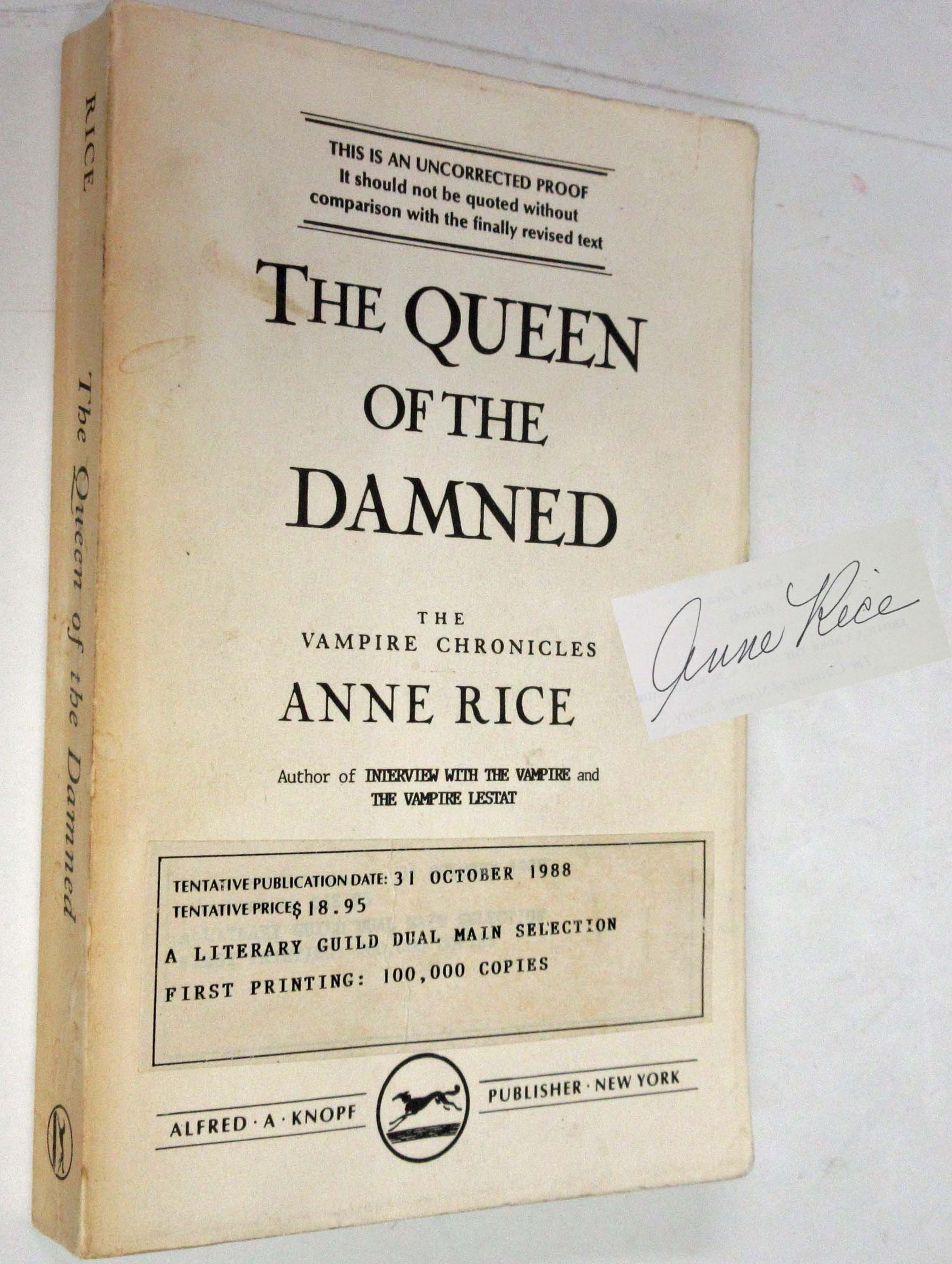THE QUEEN OF THE DAMNED (SIGNED & UNCORRECTED PROOF) The Third Book in the Vampire Chronicles