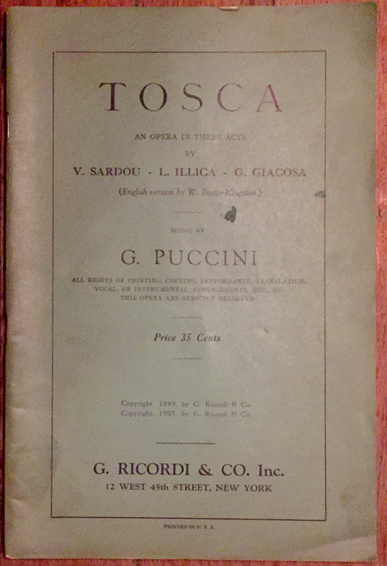 Puccini: Tosca. Libretto (Unknown Binding)