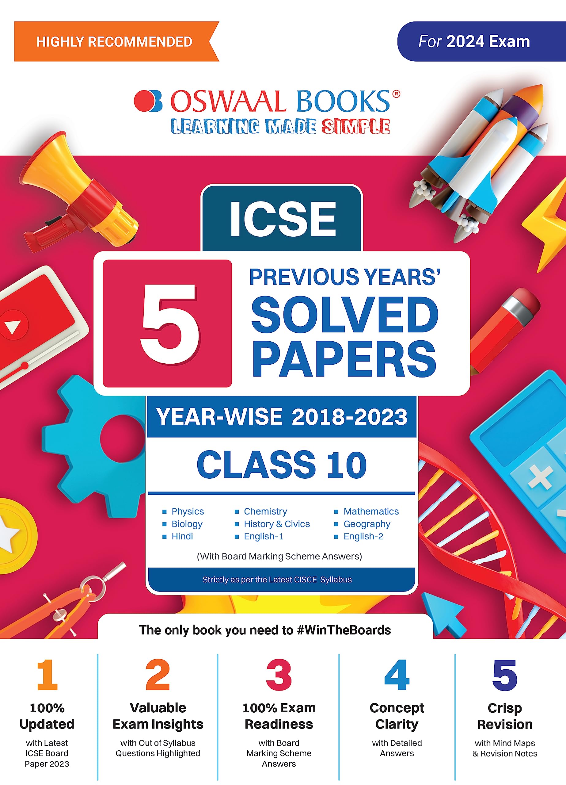 ICSE 5 Previous year solved papers yearwise 2018-2023, Class-10, Physics, Chemistry, Maths, Biology, History and civics, Geography, Hindi, English 1, English 2 (2024 Exam)