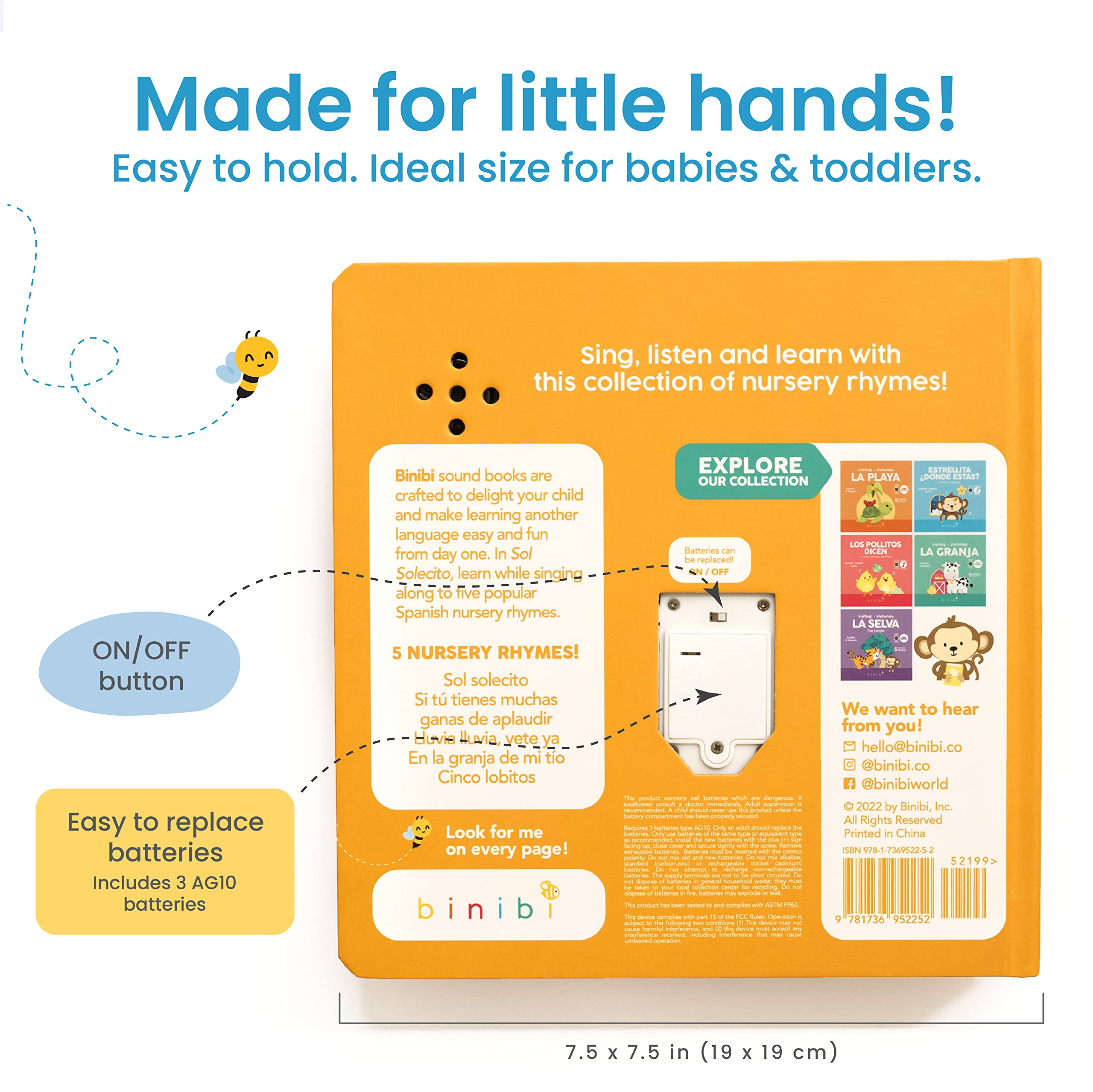 Binibi Spanish Musical Book for Toddlers 1-3 Sol Solecito & Other Nursery Rhymes - Interactive Bilingual Nursery Rhyme Book for Babies & Toddlers - Sound Book- Spanish Learning Toy for Kids