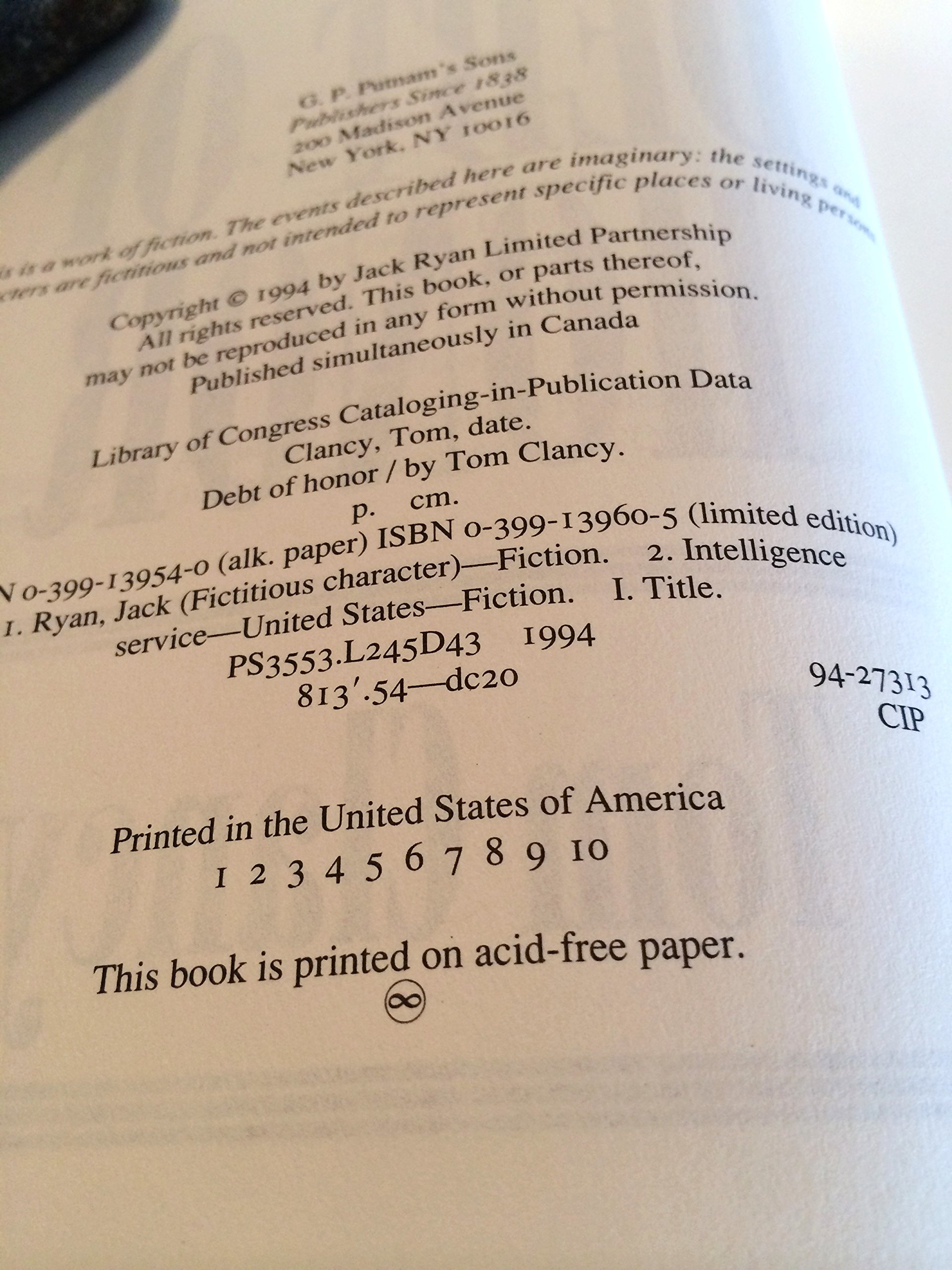Debt of Honor 1st (first) edition Text Only