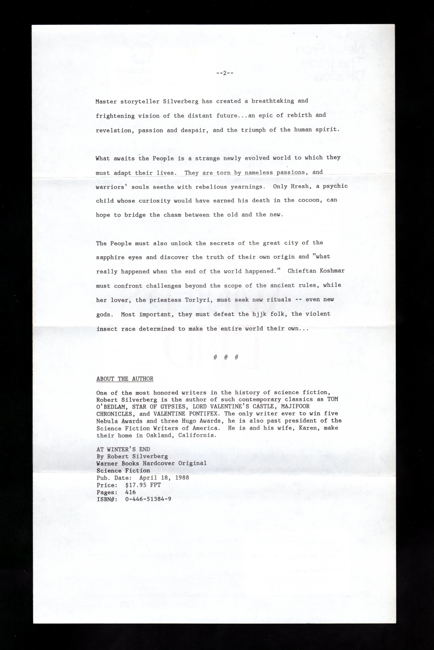 At Winter's End. With Publisher's Publicity Announcement Ephemera
