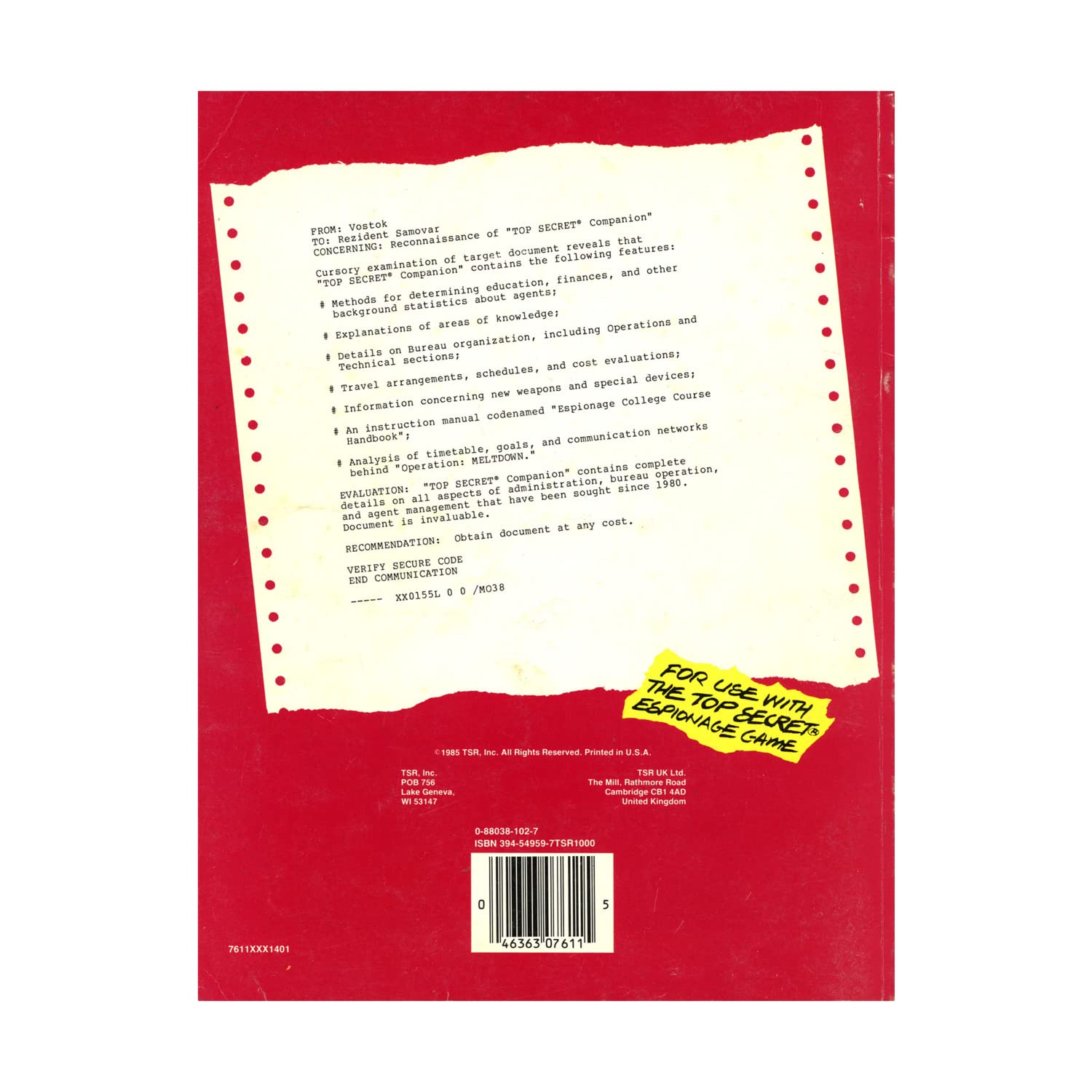 Top Secret Companion: Espionage Game/7071 (Paperback)