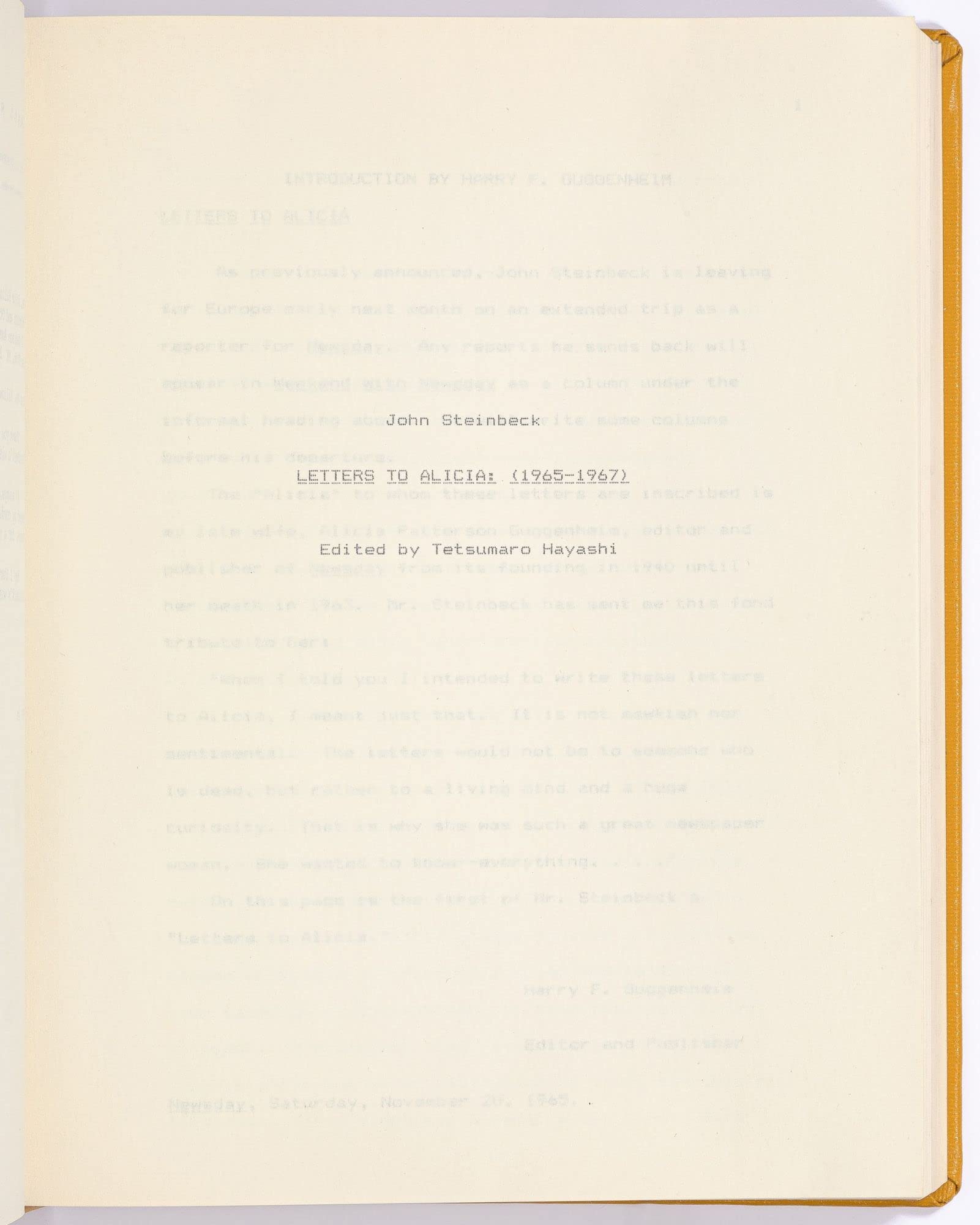 John Steinbeck's Letters to Alicia, 1965-1967, An Unpublished Manuscript (Hardcover)