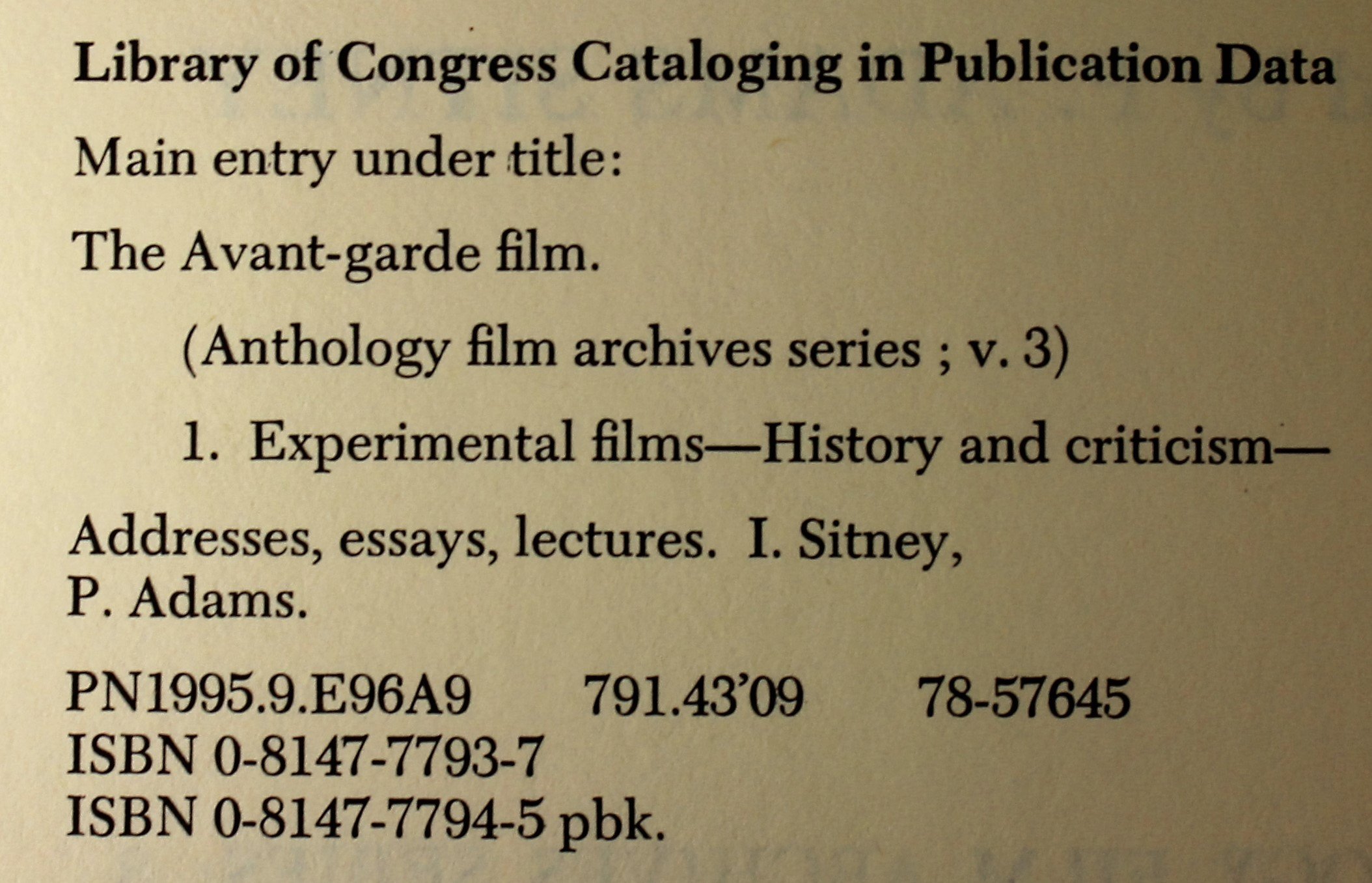 The Avant-Garde Film:  A Reader of Theory and Criticism (Paperback)