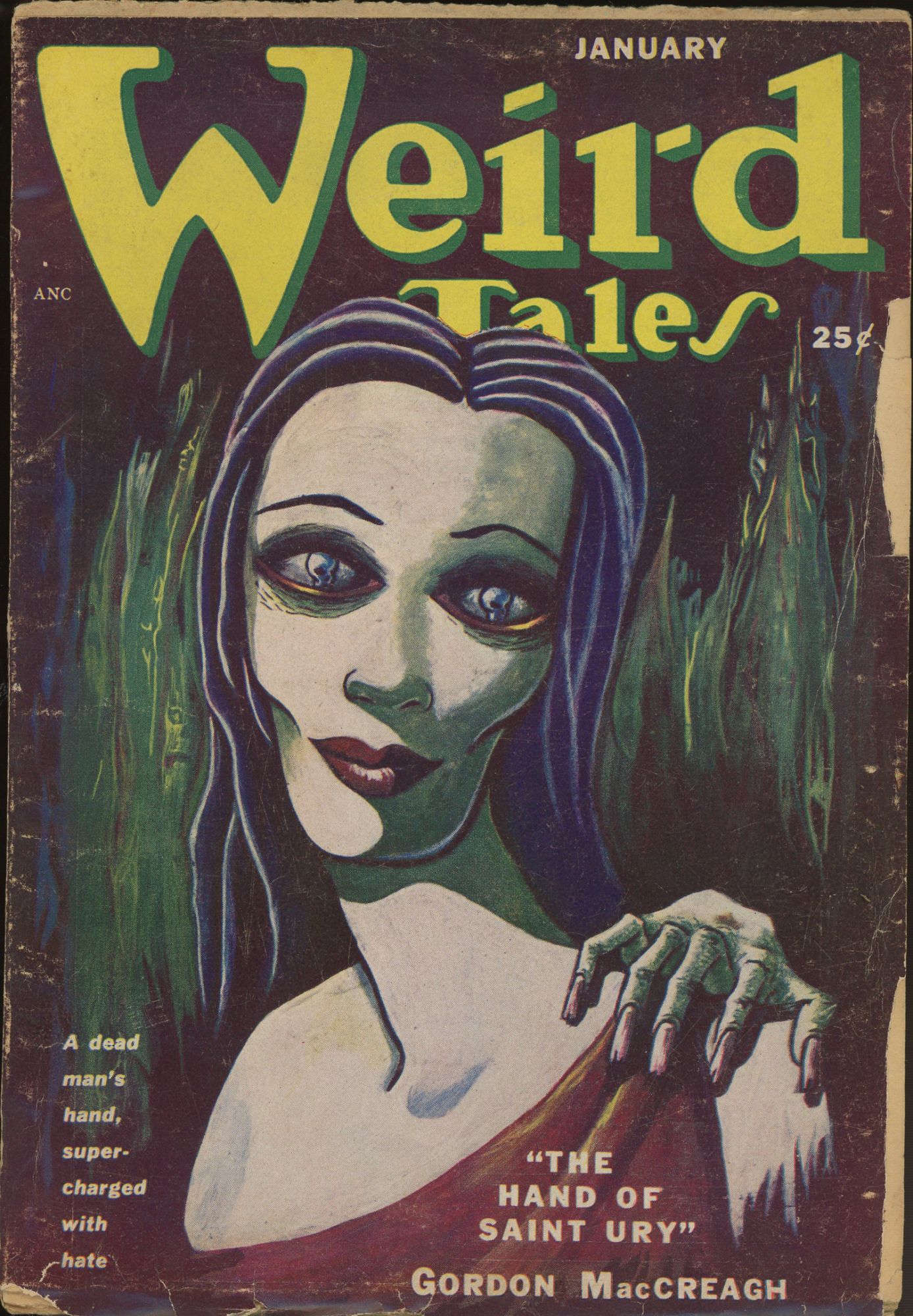 Weird Tales 1951 Vol. 43 # 2 January: The Hand of Saint Ury, The Sixth Gargoyle, Fisherman at Crescent Beach, Something from Out There, Professor Kate, Old Gentleman with Scarlet Umbrella, Unwanted, Scope, For a Sea Lover (verse), My Timid Soul (verse)