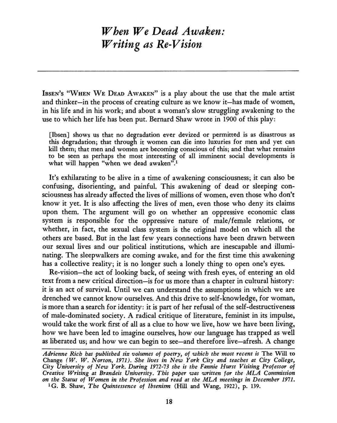 When We Dead Awaken: Writing As Re-vision