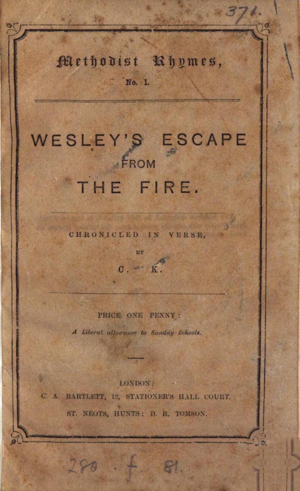 Wesley's Escape From The Fire, Chronicled In Verse (Unknown Binding)