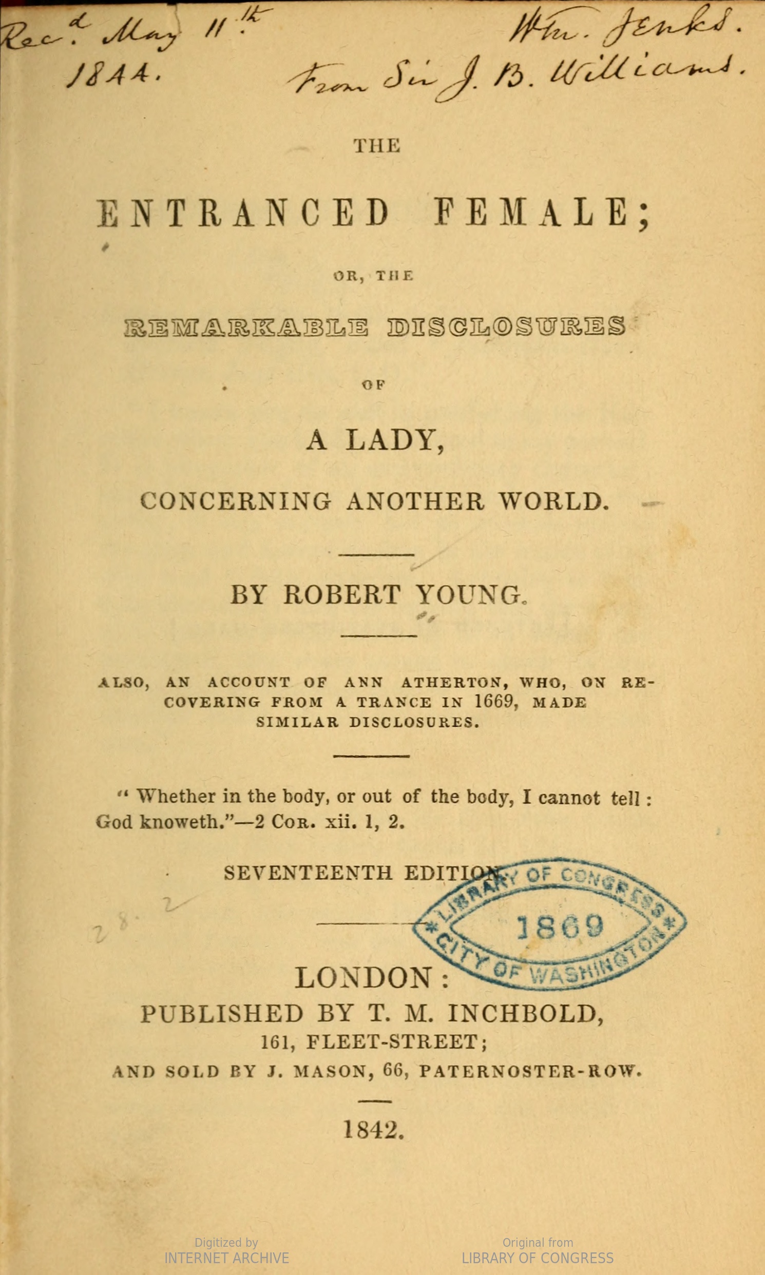 The Entranced Female, or the Remarkable Disclosures of a Lady Concerning Another World (Unknown Binding)