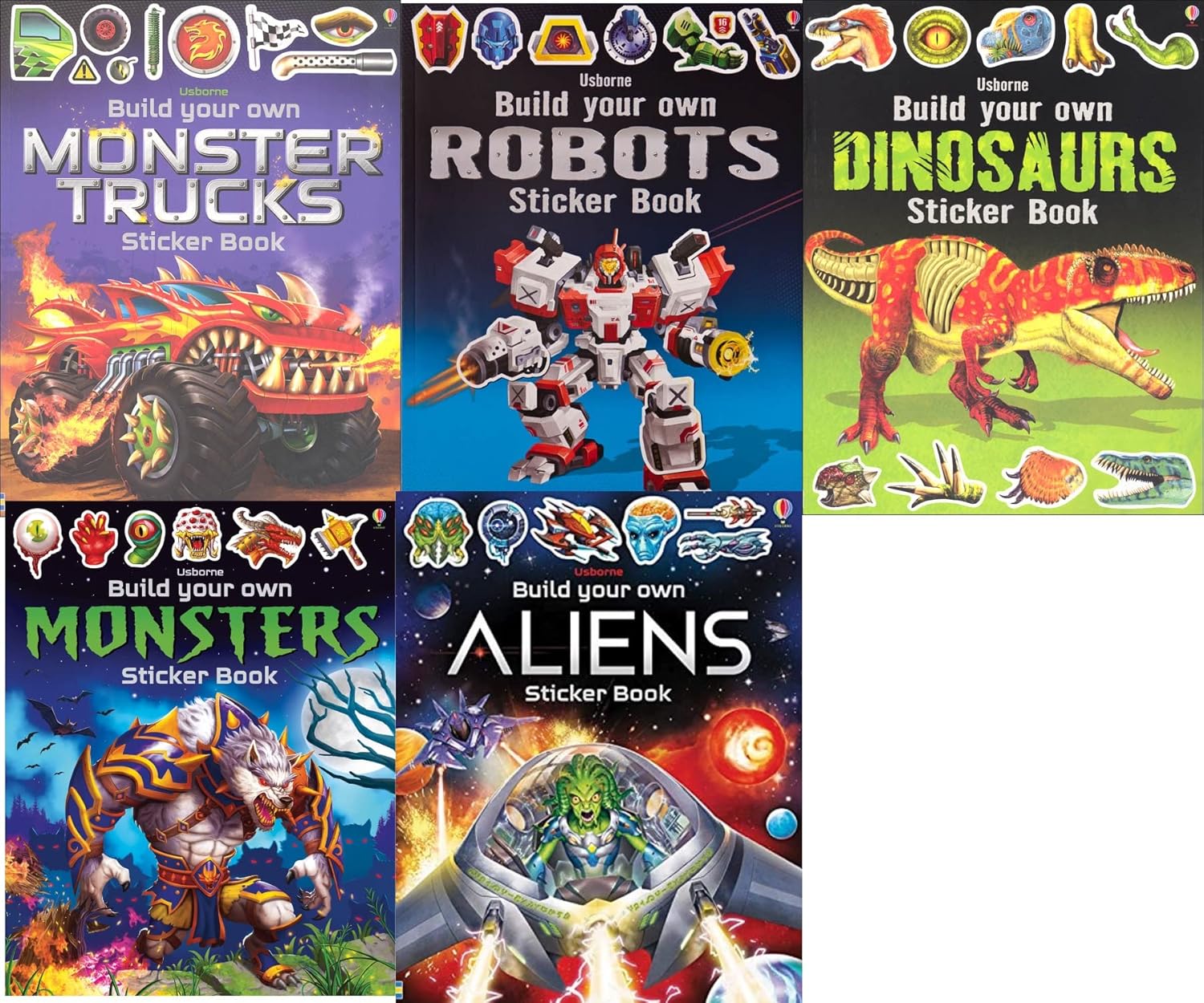 Build Your Own ... Sticker Book Collection Set 5 Books (Aliens, Monsters, Robot, Dinosaurs, Monster Trucks)