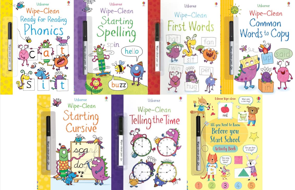Wipe-Clean Words 7 Books Collection Set (Ready for Reading Phonics, Starting Spelling, First Words, Common Words To Copy, Starting Cursive, Telling the Time, All You Need to Know Before you Start School)