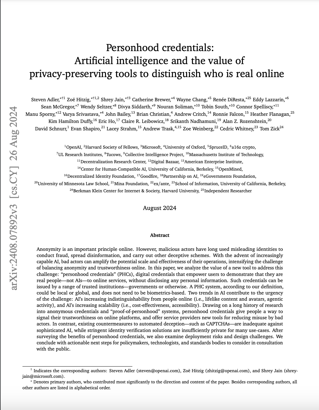 Personhood credentials: Artificial intelligence and the value of privacy-preserving tools to disting