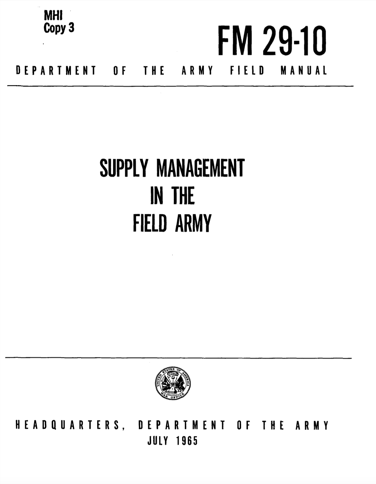 FM 29-10: Supply Management in the Field Army (Unknown Binding)