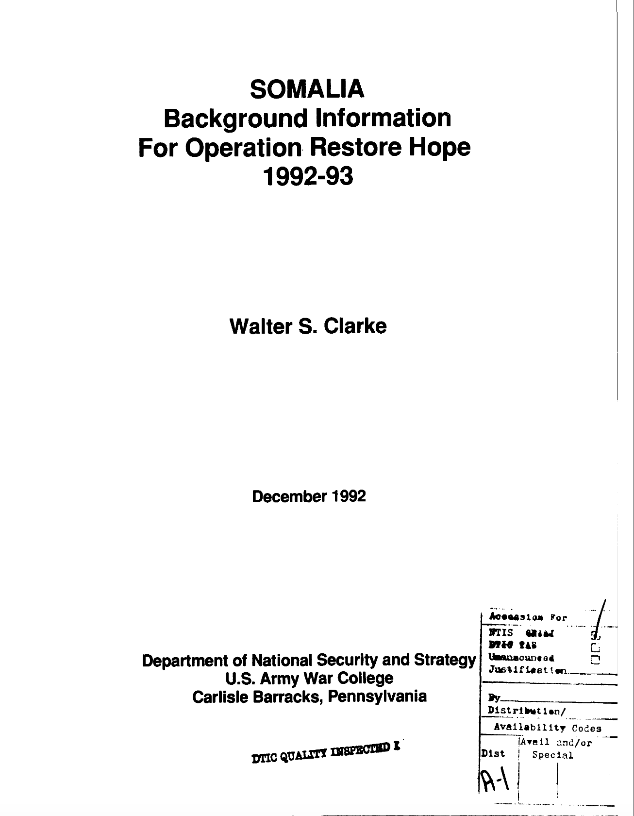 Somalia: Background Information for Operation Restore Hope 1992-93