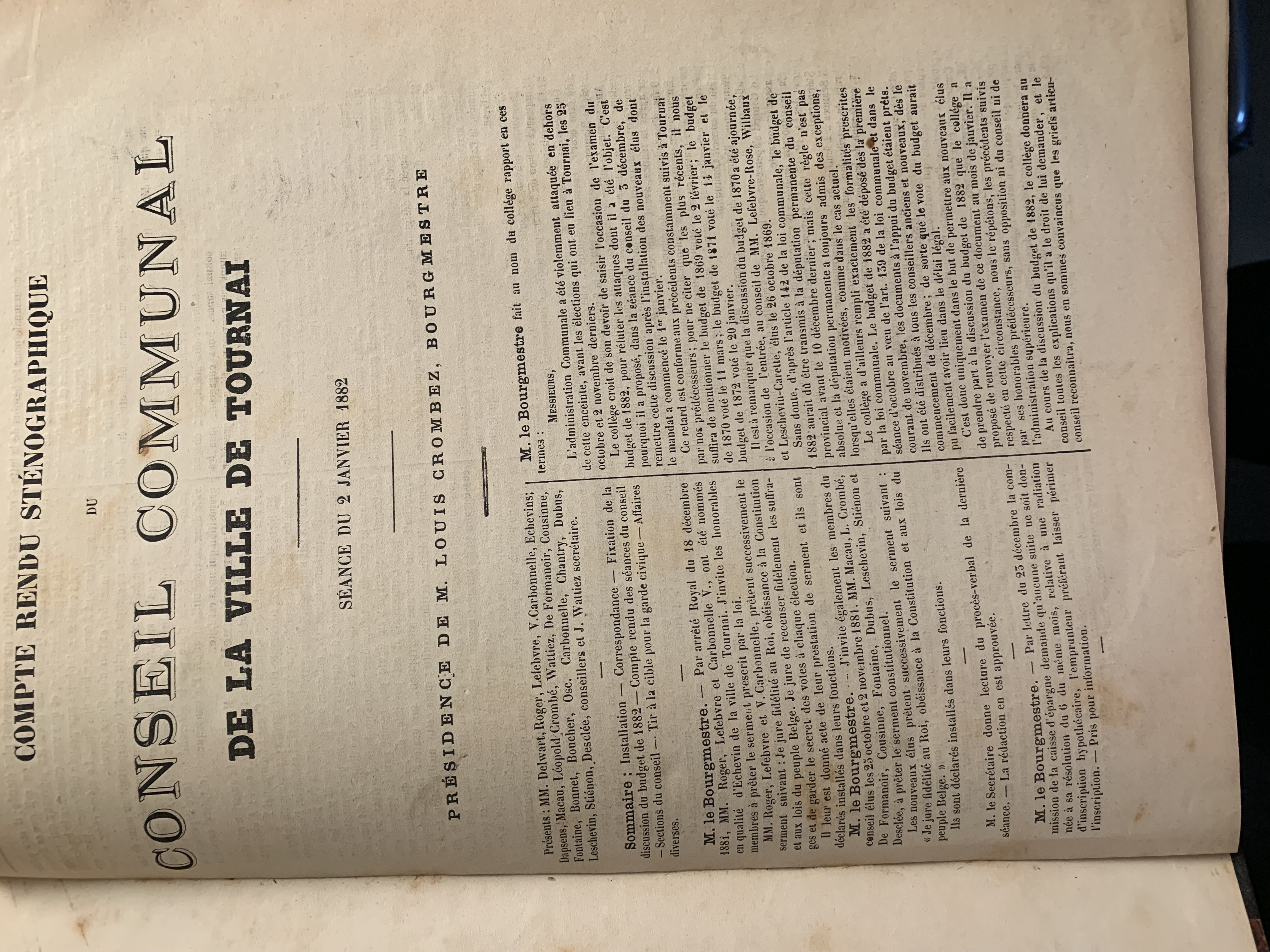 compte rendu sténographique du conseil communal de la ville de tournai (2 janvier 1882 - 24 janvier 1882)