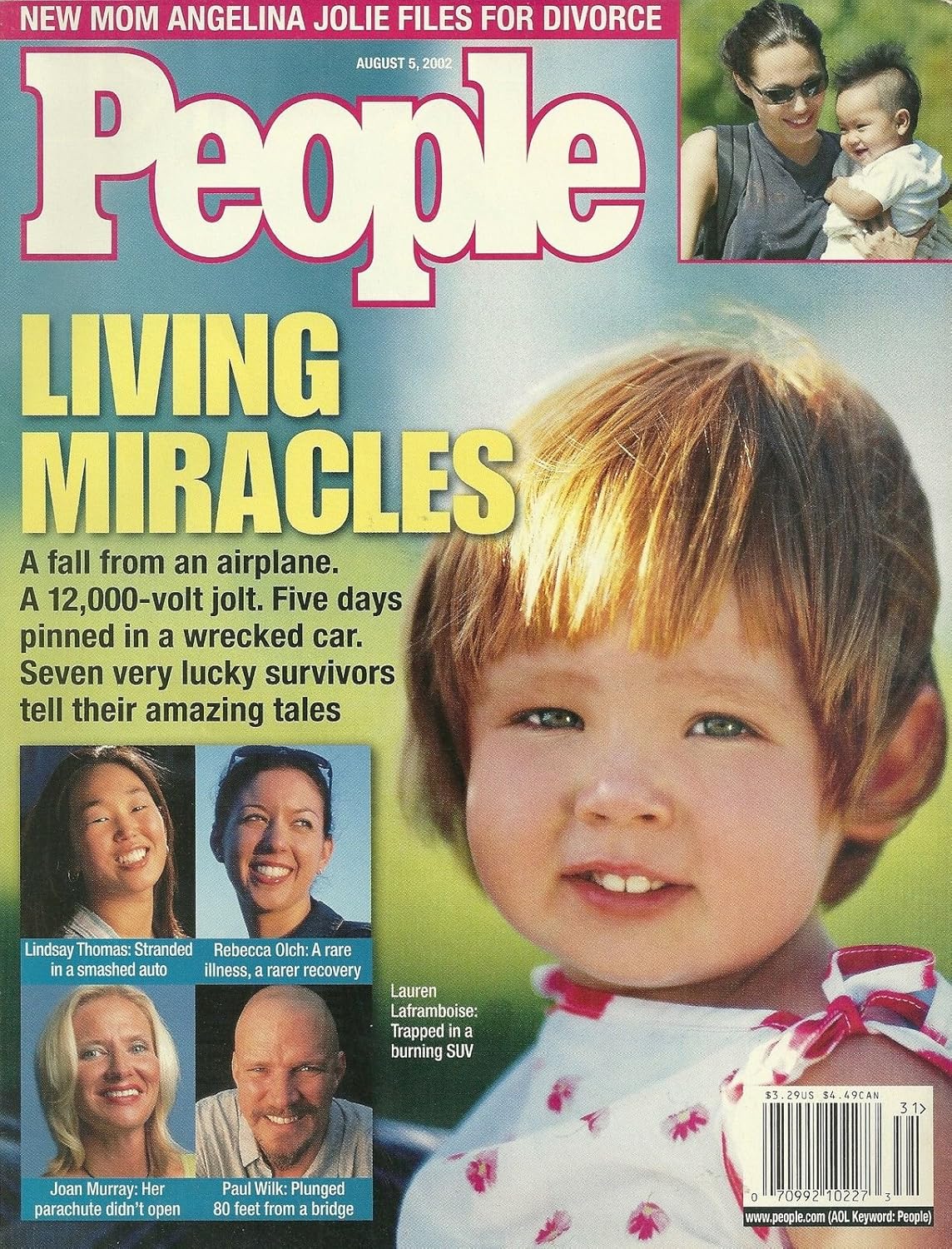 People Magazine August 5, 2002 Lucky Survivors (Lauren Laframboise, Rebecca Olch, Paul Wilk, Joan Murray and Lindsay Thomas), Angelina Jolie