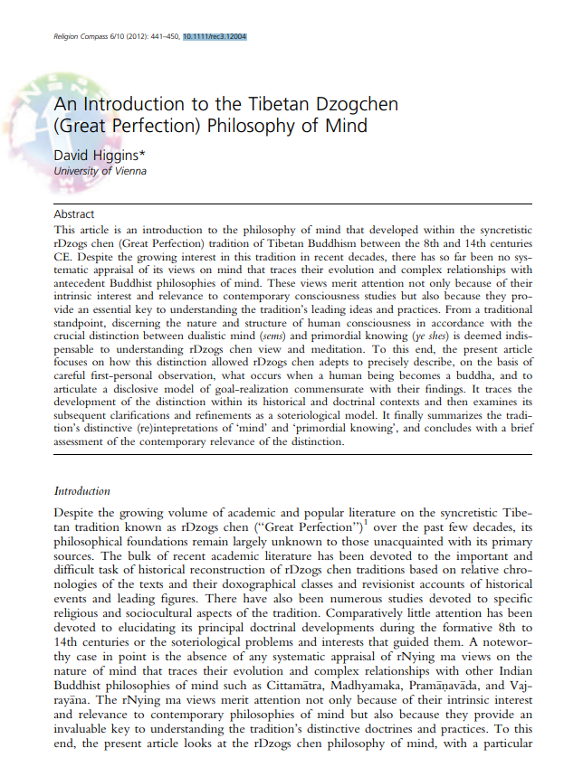 An Introduction to the Tibetan Dzogchen (Great Perfection) Philosophy of Mind