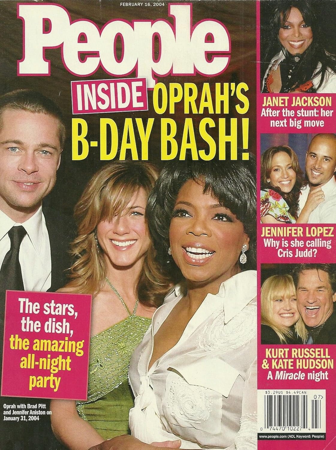 People Magazine February 16, 2004 Oprah Winfrey, Brad Pitt and Jennifer Aniston, Janet Jackson, Jennifer Lopez, Kurt Russell and Kate Hudson