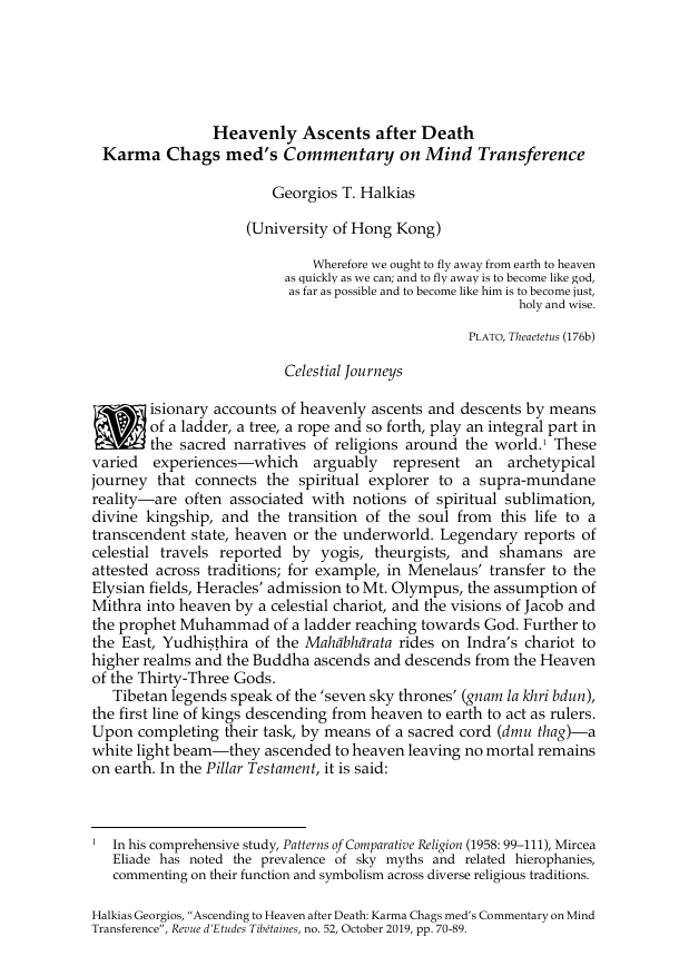 Heavenly Ascents after Death: Karma Chags med’s Commentary on Mind Transference