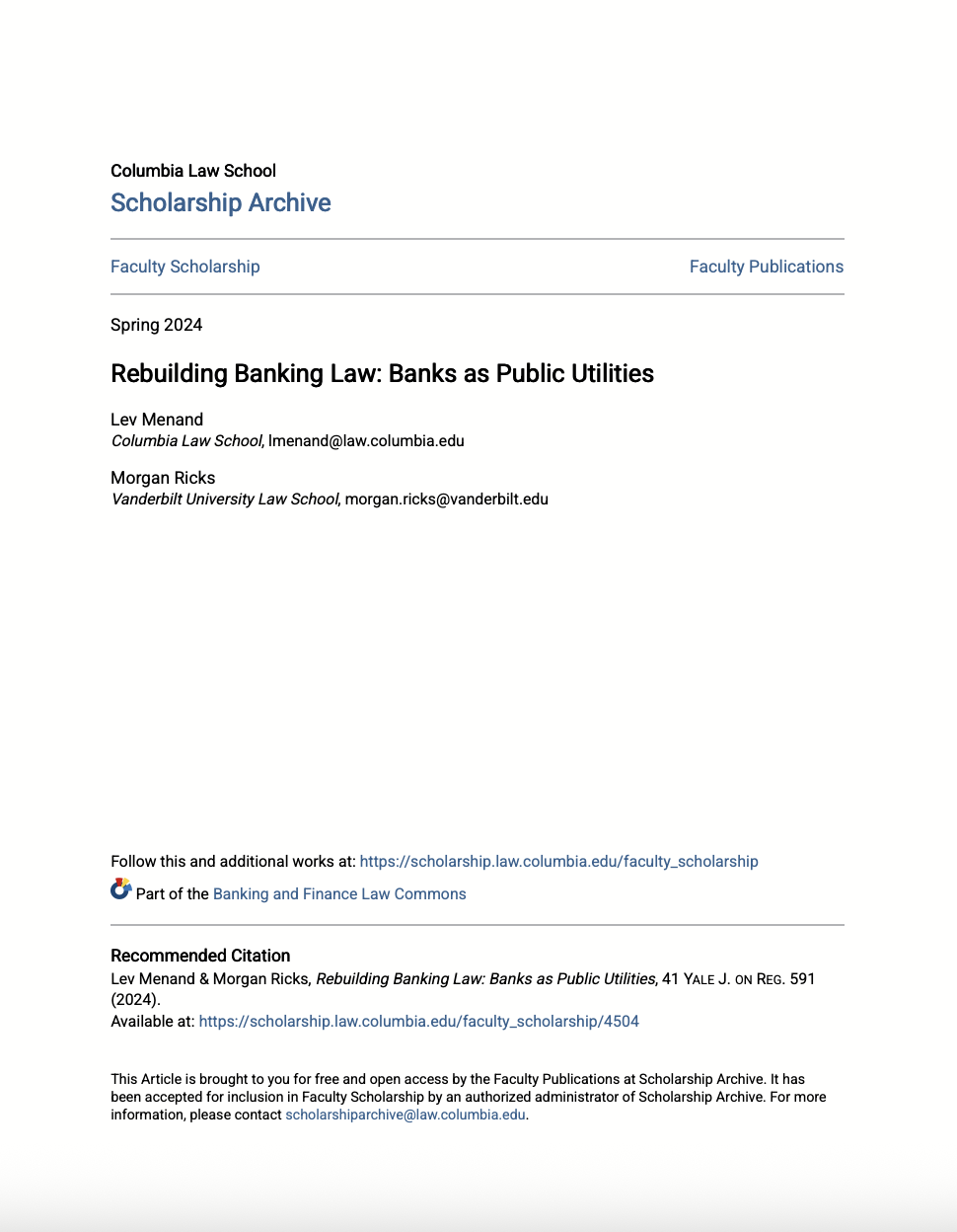 Rebuilding Banking Law: Banks as Public Utilities
