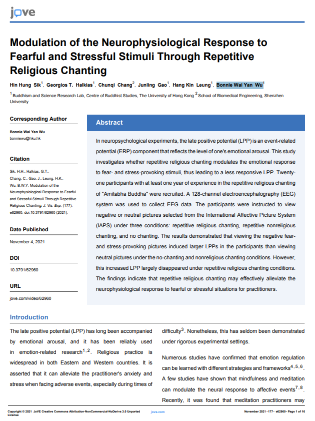 Modulation of the Neurophysiological Response to Fearful and Stressful Stimuli Through Repetitive Religious Chanting