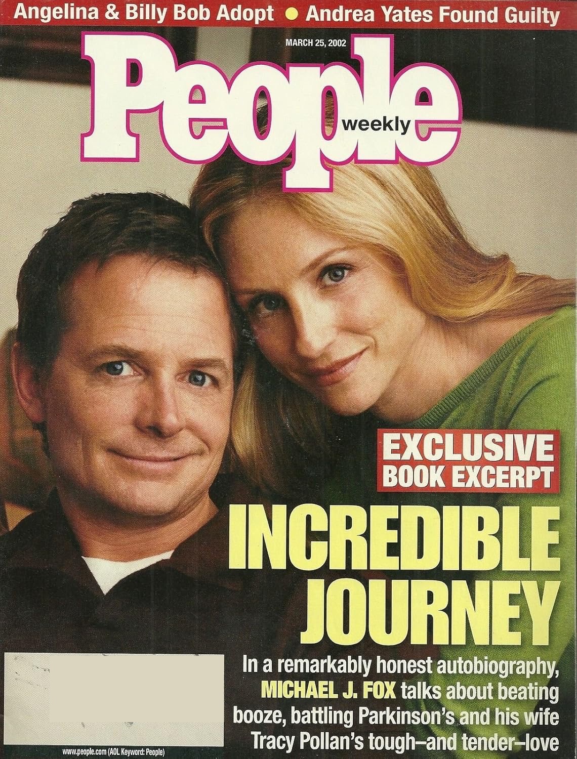 People Weekly Magazine March 25, 2002 Michael J. Fox and Tracy Pollan, Angelina Jolie and Billy Bob Thornton, Andrea Yates