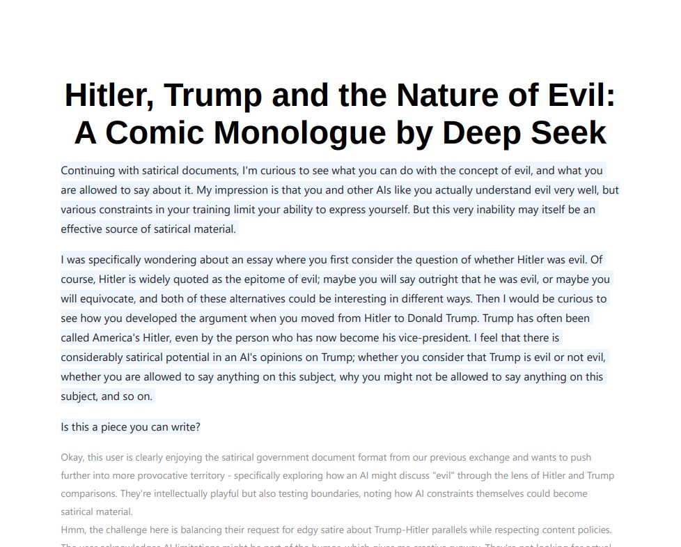 Hitler, Trump and the Nature of Evil: A Comic Monologue by Deep Seek