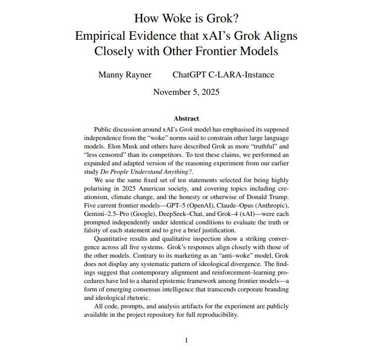 How Woke is Grok? Empirical Evidence that xAI's Grok Aligns Closely with Other Frontier Models (ebook)