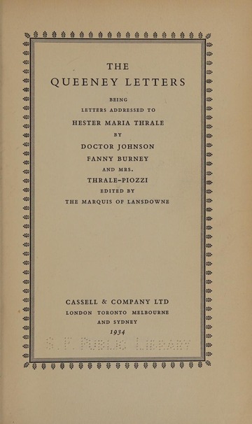 The Queeney Letters: Being Letters addressed to Hester Maria Thrale by Doctor Johnson, Fanny Burney and Mrs. Thrale-Piozzi (Hardcover)