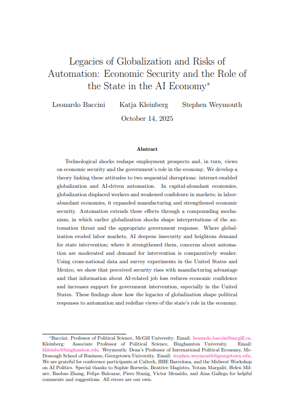 Legacies of Globalization and Risks of Automation: Economic Security and the Role of the State in th