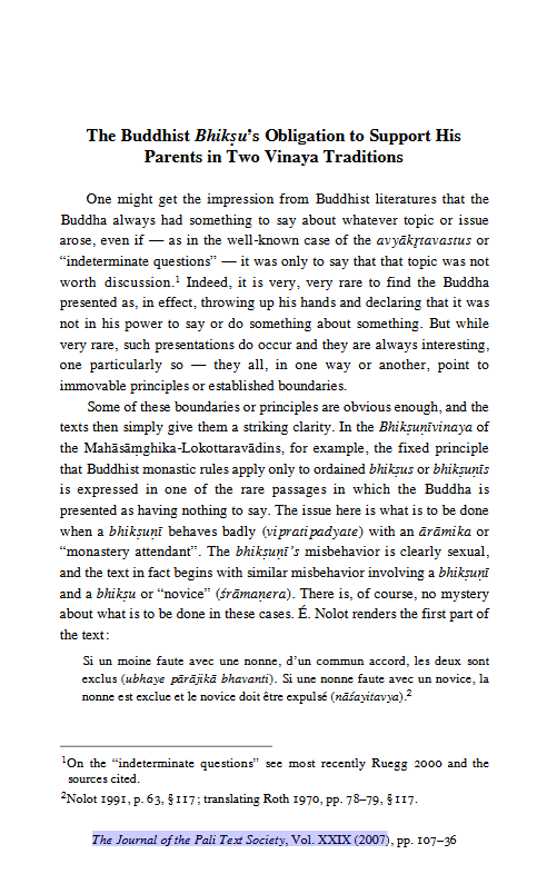 The Buddhhist Bhikṣu's Obligation to Support His Parents in Two Vinaya Traditions (ebook)