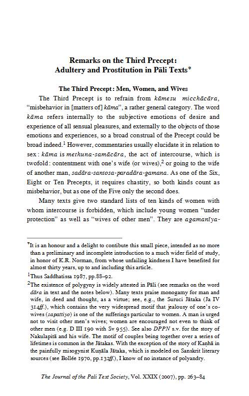 Remarks on the Third Precept: Adultery and Prostitution in Pāli Texts (ebook)