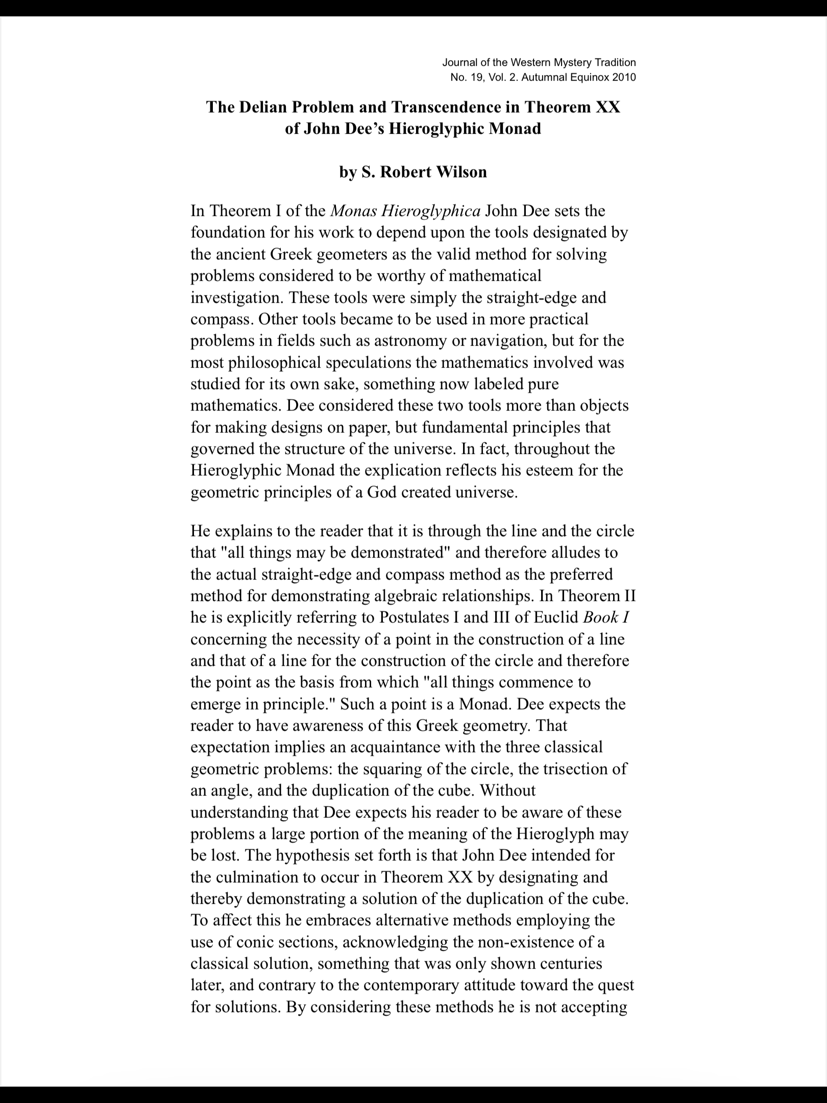 The Delian Problem and Transcendance in Theorem XX of John Dee's Heiroglypic Monad (ebook)