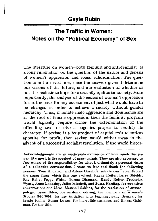 The Traffic in Women: Notes on the “Political Economy” of Sex