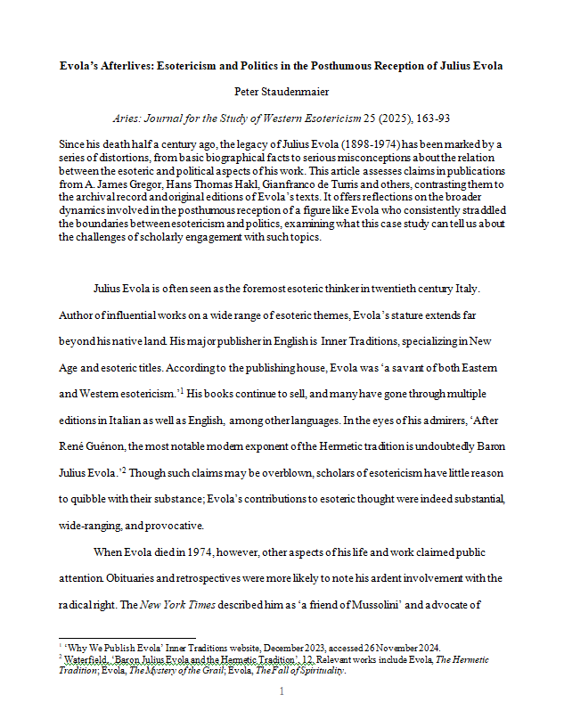 Evola’s Afterlives: Esotericism and Politics in the Posthumous Reception of Julius Evola