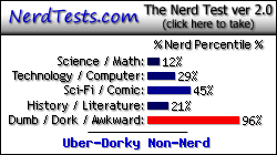 NerdTests.com says I'm an Uber-Dorky Non-Nerd. Click here to take the Nerd Test, get geeky images and jokes, and write on the nerd forum!
