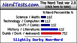 NerdTests.com says I'm a Slightly Dorky Non-Nerd. Click here to take the Nerd Test, get nerdy images and jokes, and talk to others on the nerd forum!