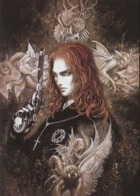 anime boy with curly red hair and a gun