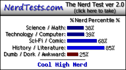 NerdTests.com says I'm a Cool High Nerd. Click here to take the Nerd Test, get geeky images and jokes, and write on the nerd forum!