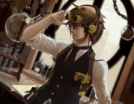 Steampunk, cute, boy, gun, headphones, tubes, window