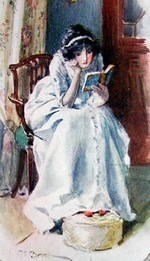 Austen-era? illustration of a woman reading (red shoes!)