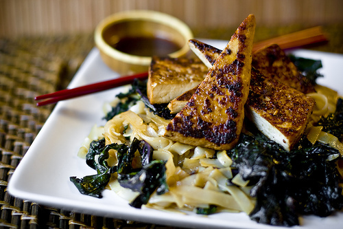 Pan Fried Tofu, Kale, and Stir-Fried Noodles