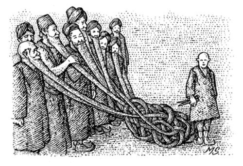 Illustration of the Gordian Beard: an unbreakable knot made from the ends of the beards of nine men