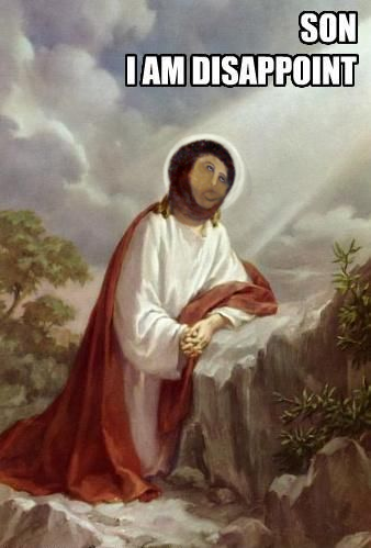 painting of kneeling Christ with smeared face in the style of the ruined 'monkey jesus' fresco captioned 'Son I am disappoint'