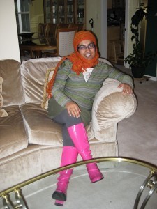 I was wearing more or less this, except with short yoga pants and a different sweater with colored stripes.